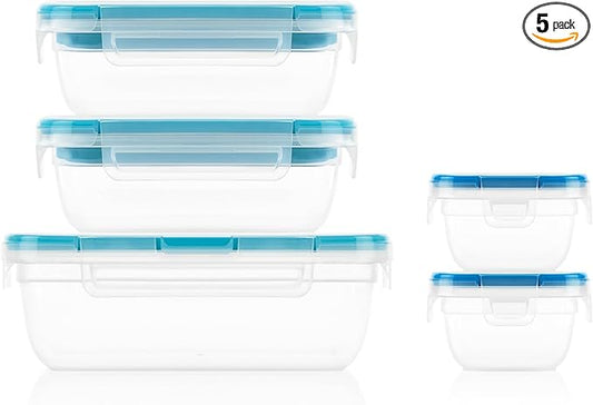 Snapware Plastic Total Solution 5-Pack (Mixed Sizes) Food Storage Containers Set, Leakproof & Airtight Plastic Locking Lids Rectangular Tupperware, BPA-Free Lids, Microwave Dishwasher Freezer Safe