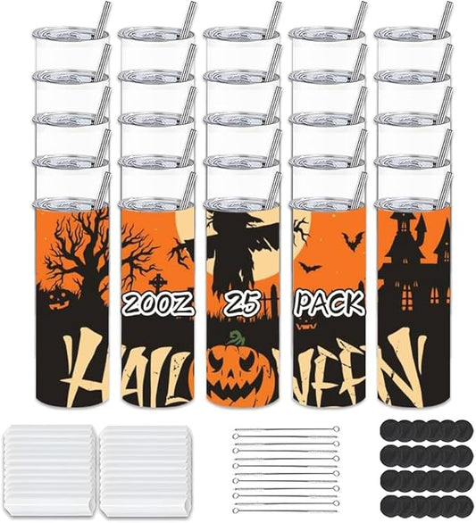 25 Pack Sublimation Blanks Tumblers with Lids and Straws Bulk, 20oz Sublimation Tumbler Skinny Straight, Stainless Steel Double Wall Polymer Coating for Heat Transfer Customized Gifts