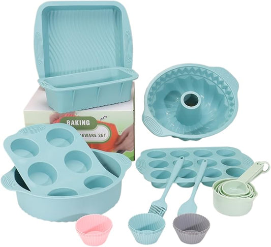 25 PCS Silicone Baking Pans Set, Nonstick Bakeware Sets with Round/Square Cake Pans, Muffin Pan, Baking Cups and Spoons for Bread, Cupcakes and Desserts