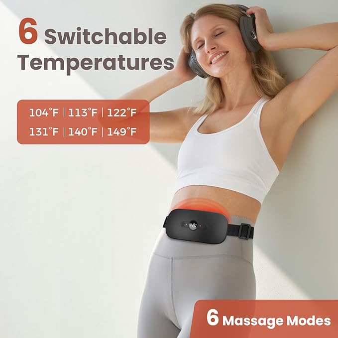 NOWWISH Heating Pad for Period Cramps Pain Relief, Portable Electric Cordless Menstrual Heating Pad Rechargeable with 6 Heat Levels and 6 Massage Modes, College Dorm Room Essentials for Girls, Black
