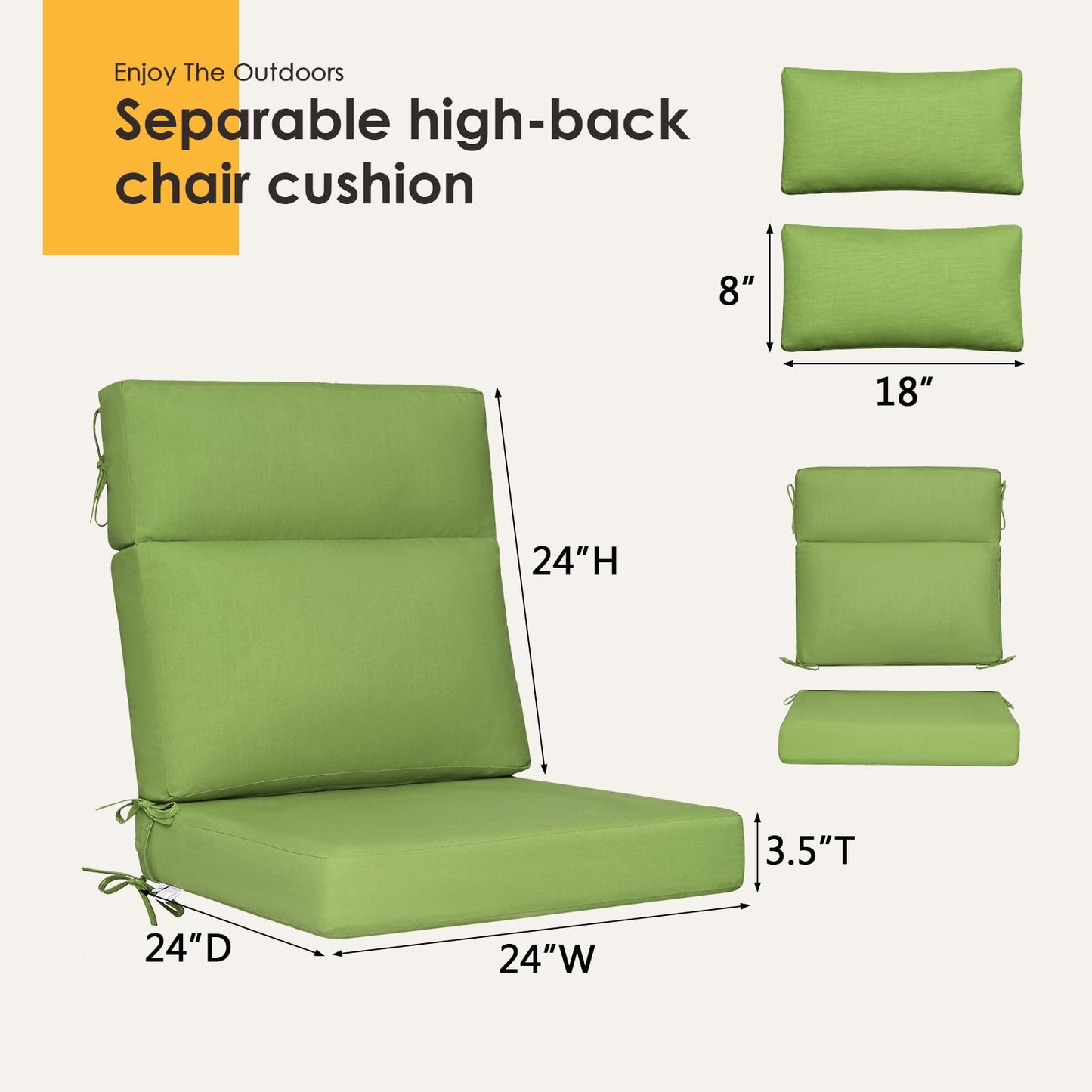 Supdurplus Sunbrella Outdoor High Back Chair Cushion, 2 Pack 48 x 24 inches Patio Chair Cushions Water Repellent Rocking Cushions Indoor Furniture Seat Pad with 2 Pillows, Canvas Ginkgo