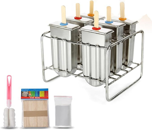 6 Pcs Stainless Steel Popsicle Molds, Ice Pop Molds with Holder, Stainless Steel Reusable Homemade Popsicle Maker with 50 Wooden Sticks and 6 Silicone Seals and 20 Pop Bags, Cleaning Brush