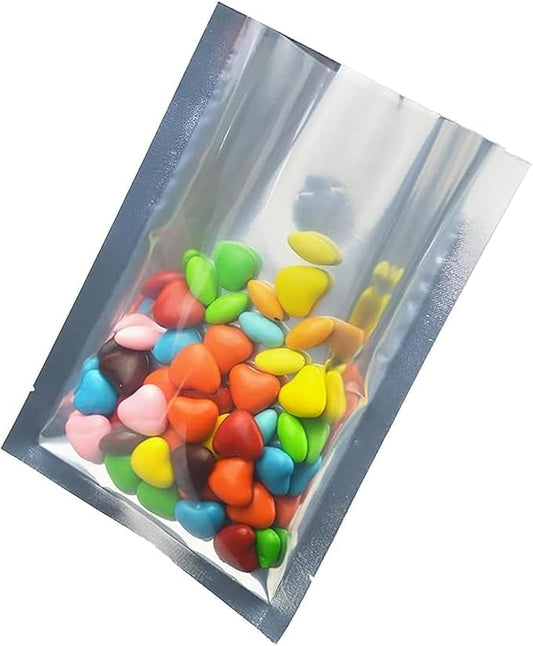 Silver Aluminum Foil Pouch Heat Seal Front Window Plastic Mini Open Top Flat Vacuum Packaging Mylar Bag Food Small Sample Mylar Storage with Tear Notch (100, 11x16cm (4.3x6.3 inch))