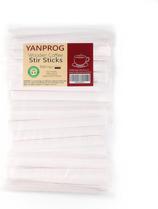 Wooden Coffee Stirrers Individually Wrapped 5.5" Coffee Stir Sticks 1000 Pcs, Natural Birch Round End Thick Birch Wood Eco-Friendly Suitable for Coffee, Cocktail and Hot Drinks