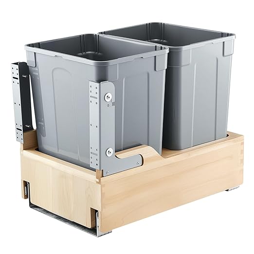 VEVOR Wood Pullout Trash Can for Kitchen Cabinets, 35 QT x2 Double Under Sink Garbage Waste Recycling Bin, Under Mount Waste Container, with Heavy Duty Metal Soft Close Sliding System and Door Kit