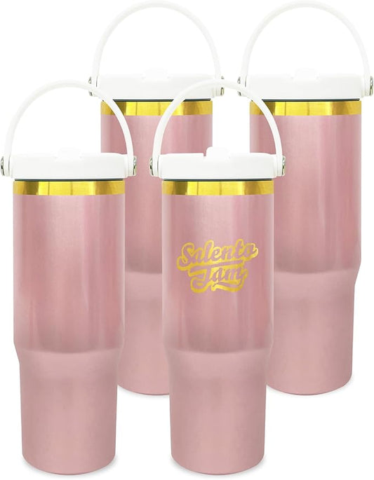 30 oz Tumbler Bulk with Handle and Straw, Vacuum Insulated Tumblers with Flip Straw and Top Handle, Leakproof Powder Coated Tumbler, Stainless Steel Travel Mug for Coffee (RoseGold, 4 Pack)