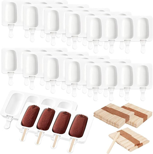 Mototo 12 Set Silicone Popsicle Molds White Ice Cream Mould 4 Cavity Ice Lolly Mold White Oval Cake Pop Mold with 300 Pieces Wooden Sticks for DIY Ice Cream Popsicle Cake