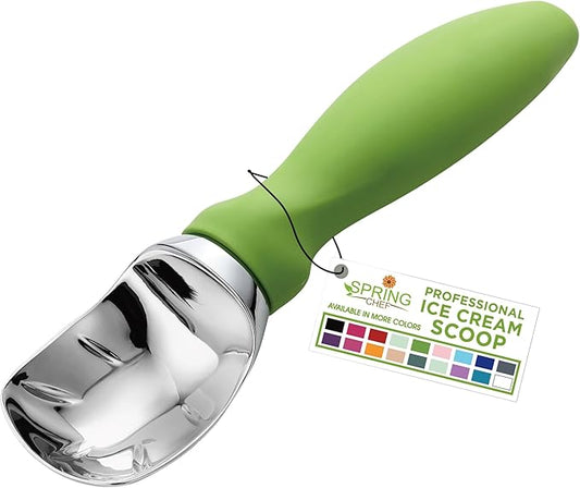 Spring Chef Green Heavy Duty Ice Cream Scoop with Non-Slip Handle - Professional Metal Ice Cream Scooper for Cookie Dough, Frozen Yogurt, Gelato, Sorbet, Melon - Dishwasher Safe Kitchen Tool
