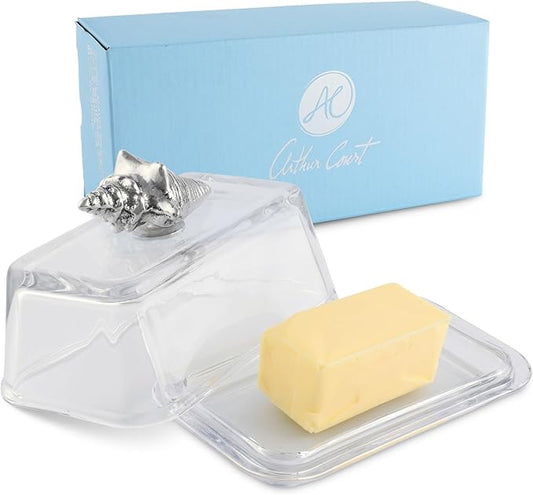 Arthur Court Glass Butter Dish with Lid Shell Knob | Classic 2-Piece Design Covered Butter Keeper | Covers and Holds a Standard Stick of Butter | Ocean / Seaside Décor