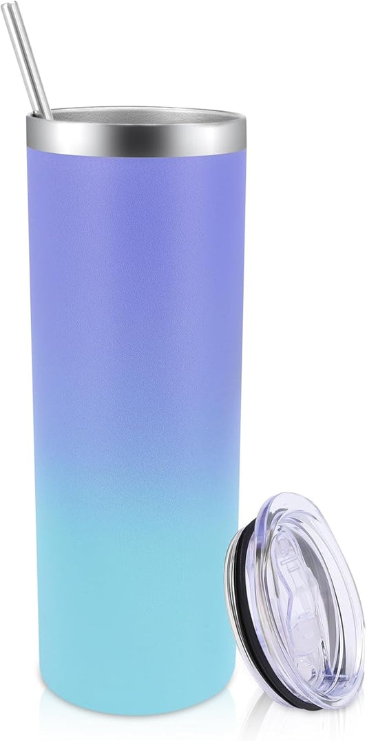 Volhoply 20 oz Skinny Tumbler with Lid and Straw, Stainless Steel Straight Tumblers Cup, Vacuum Insulated Coffee Mug for Home, Office, Travel, DIY (Purple Bule,1 Pack)