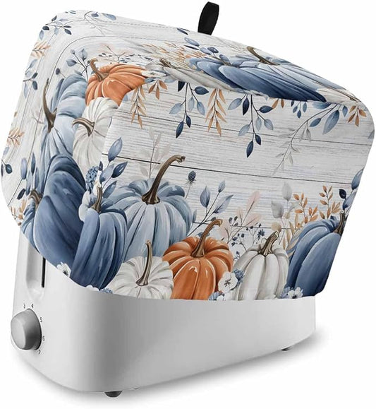 Blue Pumpkins Fall Toaster Cover 2 Slice, Thanksgiving Eucalyptus Leaves Dustproof Bakeware Oven Protector with Hook, Rustic Wooden Waterproof Small Kitchen Appliance Toasters Dust Cover, 12"x7.5"x8"