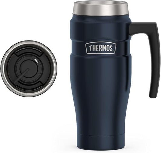 THERMOS Stainless King Vacuum-Insulated Travel Mug with Handle - 16oz, Midnight Blue - Thermos Tumbler for Hot & Cold Drinks - Leak & Sweat-Proof Stainless Steel Coffee Mug with Lid for Commuting
