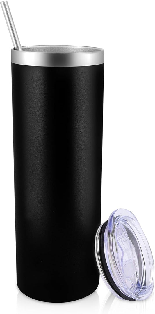 Volhoply 20 oz Skinny Tumbler with Lid and Straw, Stainless Steel Straight Tumblers Cup, Vacuum Insulated Coffee Mug for Home, Office, Travel, DIY (Black,1 Pack)
