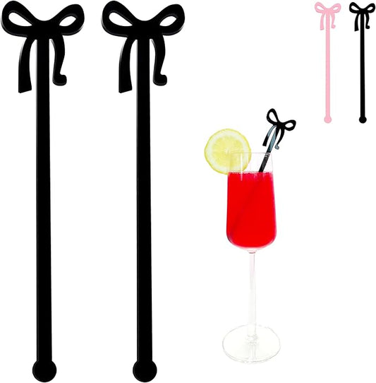 Black Bow Drink Stir Sticks 20PCS Acrylic Stirrers for Cocktail Swizzle Coffee Shirley Temple Bar Supplies Party Decorations (Black)