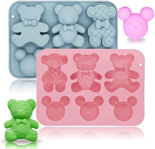 2 Pack Cute Bear Molds Silicone 6 Cavity 3D Cartoon Bear Themed Baking Mould Tray DIY Tool for Baby Shower Birthday Party Chocolate Cake Mousse Pastry Soap Crayons Cupcake Topper