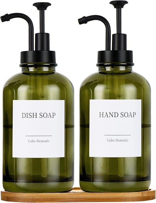 Glass Soap Dispenser with Pump, Dish and Hand Soap Dispenser for Kitchen Bathroom Set, Clear Glass Dispenser Set of 2 Pack with 18 Stickers Funnel Bamboo Tray 500ml 18oz Green
