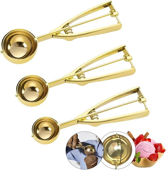 Gold Ice Cream Scoop 304 Stainless Steel Cookie Scoops for Baking Melon Baller with Trigger 3 Sizes (Gold, S/M/L)