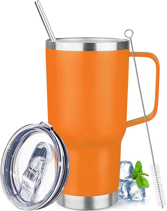 20 oz Tumbler with Handle Stainless Steel Insulated Coffee Mug Tumbler with Lid and Straw Double Wall Vacuum Insulated Coffee Mug Leak Proof Travel Tumbler for Hot and Cold Drink (Orange,1pack)