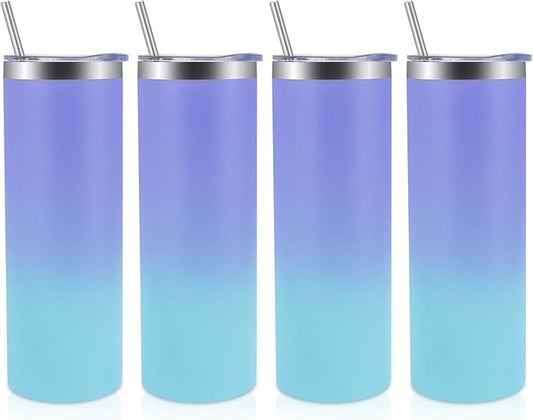 Volhoply 4 Pack Skinny Tumblers with Lid and Straw, 20oz Stainless Steel Straight Tumbler Bulk, Vacuum Insulated Coffee Mug for Home, Office, Travel, DIY (Purple Bule,4 Pack)