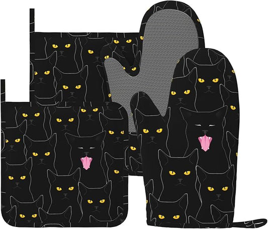 Fun Black Cat Oven Mitts and Pot Holders Set of 4 Silicone Heat Resistant Oven Mitten Potholders Non Slip Gloves Kitchen Decor for BBQ Cooking Grilling Baking
