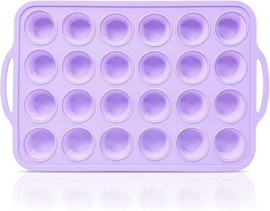 Mini Silicone Muffin Pan with Metal Frame, Non Stick Silicone Cupcake Pan with Handles 24 Cup, BPA Free Silicon Muffin Tin Tray Small for baking, egg bites, Cupcake Mold Purple