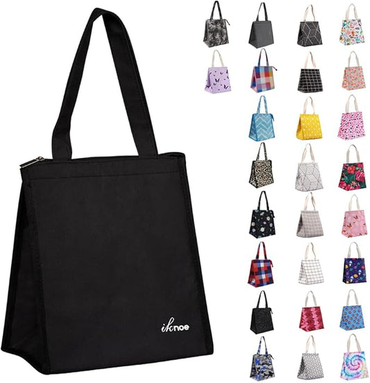iknoe Insulated Lunch Bag for Women & Adults, 9L Foldable Wide-Open Cooler Bag with Pockets, Leakproof & Portable, for Picnic, Office, Beach(Plain Black)