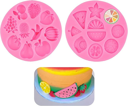 2 Pack Fruit Silicone Molds Set, Small Fondant Mold for Cake Decoration, Chocolate, Candy, Resin, Clay - Mini Watermelon Lemon Strawberry Banana Mold for Cupcake Topper