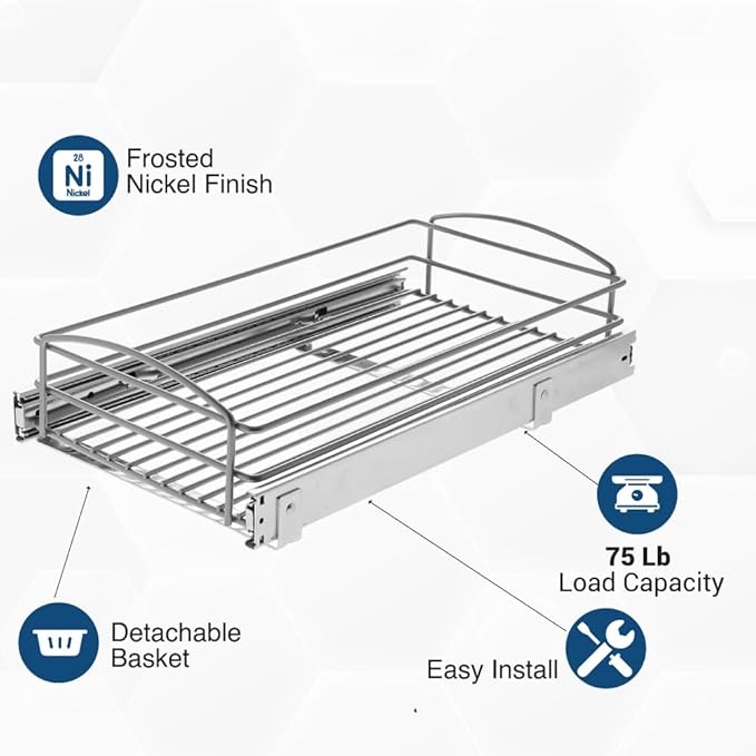 Knape & Vogt RS-MUB-11-FN 5 in. H x 12 in. W x 20 in. D Multi-Use Pull-Out Basket Cabinet Organizer in Silver
