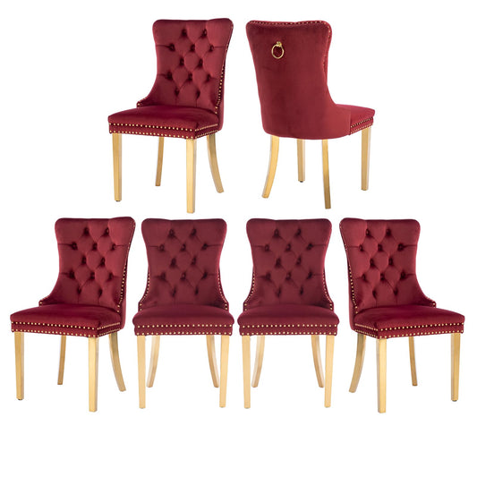 MZDOO Velvet Dining Chairs Set of 6, Tufted Upholstered Dining Room Chairs with Back Ring Pull, Nailhead Trim and Golden Legs, Modern Dinning Chairs for Dining Room, Kitchen(Wine Red)