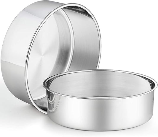 P&P CHEF 9.5 Inch Cake Pans Set, Round Baking Pan Stainless Steel Layer Birthday Wedding Cake Oven Pans, Non Toxic & Heavy Duty, Deep Side & Mirror Finish, Dishwasher Safe, (2Pcs)