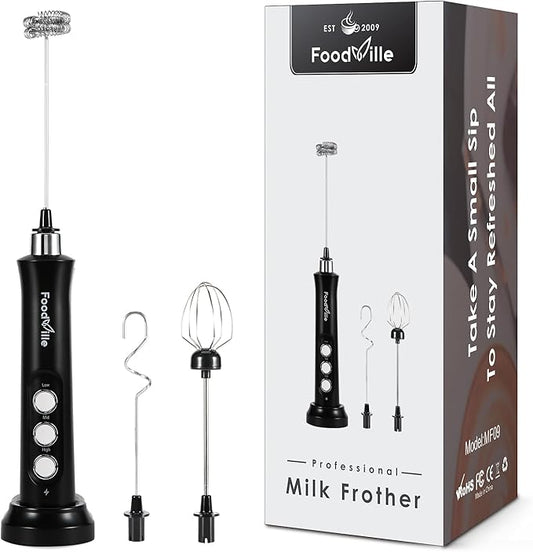 FoodVille MF09 3 in 1 Rechargeable Milk Frother Handheld Foam Maker with Charging Stand & 3 Stainless Steel Whisks (Black without Case)