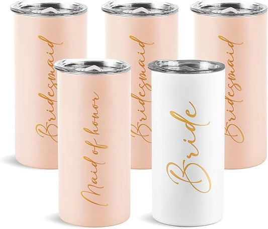 Bridesmaid Proposal Gifts Set of 5 Bachelorette Gifts for Bridesmaids Maid of Honor Cups Wedding Party Favors Stainless Steel Skinny Tumbler with Lid and Straw 15 OZ