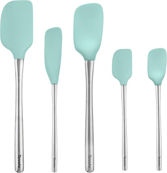 Tovolo Stainless Steel Handled Silicone Spatula Set of 5, Dishwasher Safe Kitchen Spatula Set for Cooking Baking, BPA Free Silicone Spatula set with Metal Steel Handle, Aqua Seafoam Green
