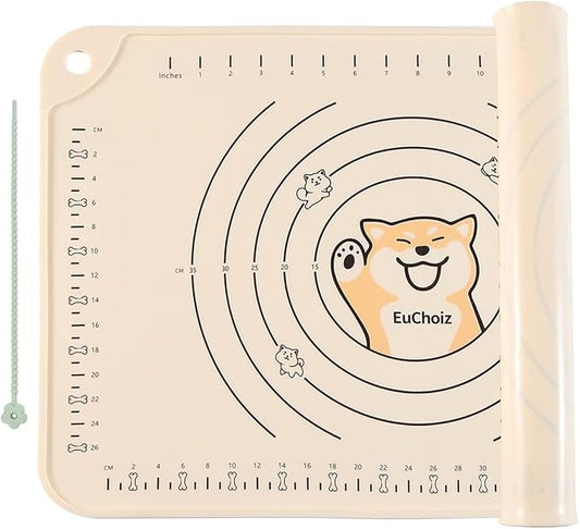 Silicone Pastry Mat 24"*16" Extra Thick Non Stick Baking Mat Food Grade Silicone Dough Rolling Bake Mat with Edge Heightening Cartoon Beige
