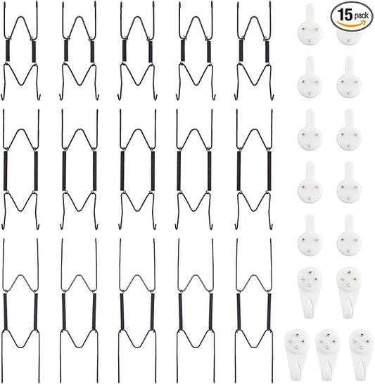Bilillo 15-Piece Stainless Steel Wall Plate Hangers, 4/6/8 Inch Invisible Decorative Wire Plate Holders with 15 Pieces Wall Hooks for 4 to 10 Inch (Black)