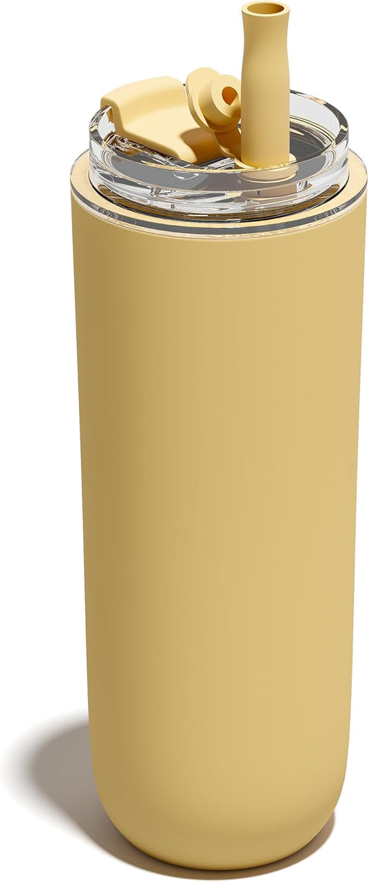 16 oz Insulated Coffee Tumblers, Travel Coffee Tumblers with Straw, Double-Wall Stainless Steel Tumbler, Leak Proof Tumbler, Reusable Cups with Lids for lced and Hot Drinks (Yellow)