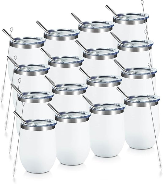 COMOOO 12oz Wine Tumbler with Lid and Straw, Stainless Steel Stemlss Wine Glass, Double Wall Vacuum Insulated Wine Tumbler Cup for Wine, Cocktails, Champaign, White, 16 Pack
