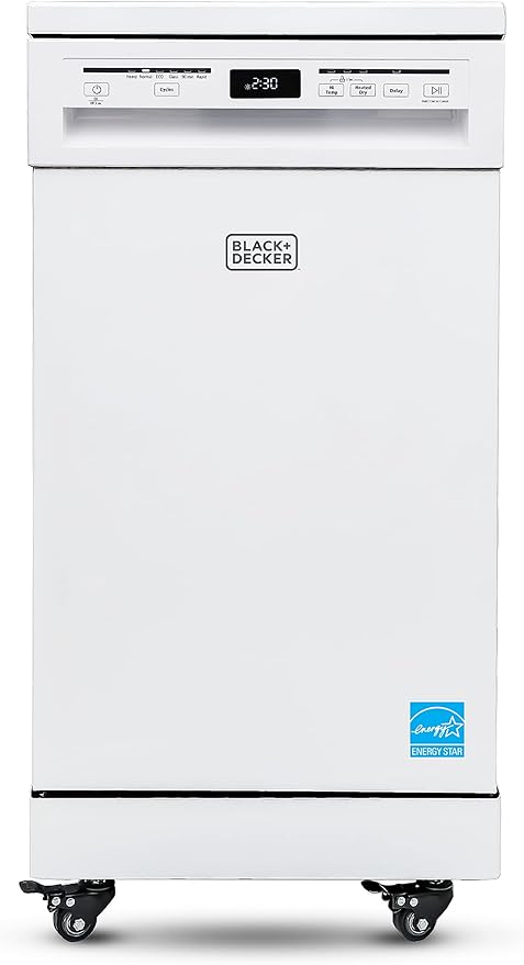 BLACK+DECKER 18” Portable Dishwasher, Compact Dish Washer with 8-Place Setting Capacity, Stainless Steel Tub, 6 Wash Programs, Worktop Space, Mobile Dishwasher with Casters, Faucet Connect, White