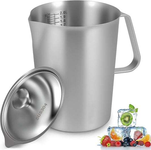 2 L Stainless Steel Pitcher with Lid, 70 OZ Large Metal Measuring Cup with Marking & Handle, Large Mouth Graduated Beakers, Milk Frothing Jug Metal Pitcher for Coffee Latte Art, Hot/Cold Water