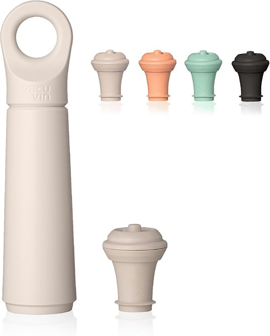 Vacu Vin Wine Saver Loop - Designed and Made in the Netherlands - Vacuum Wine Stopper Keeps Your Wine Fresh for up to 10 Days - Reusable, Made with 98% Recycled Material - 1 Pump, 5 Stoppers, Sand