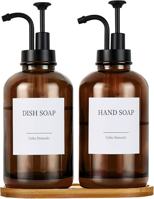 Glass Soap Dispenser with Pump, Dish and Hand Soap Dispenser for Kitchen Bathroom Set, Clear Glass Dispenser Set of 2 Pack with 18 Stickers Funnel Bamboo Tray 500ml 18oz Amber