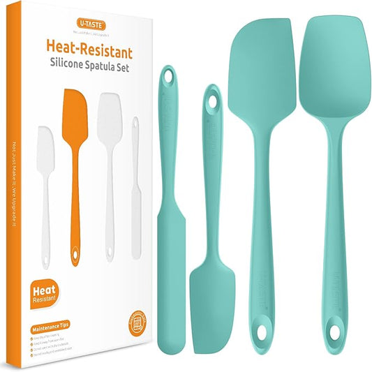 Heat Resistant Silicone Spatula Set: U-Taste 600ºF High Temp Seamless Food Grade Utensil, Flexible Rubber Silicon Kitchen Cooking Mixing Baking Scraper for Nonstick Cookware Set of 4 (Aqua Sky)
