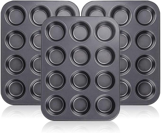 Kingrol 12-Cup Muffin & Cupcake Pans, Set of 3 Baking Pans, Non-stick Bakeware, 1.1" Deep