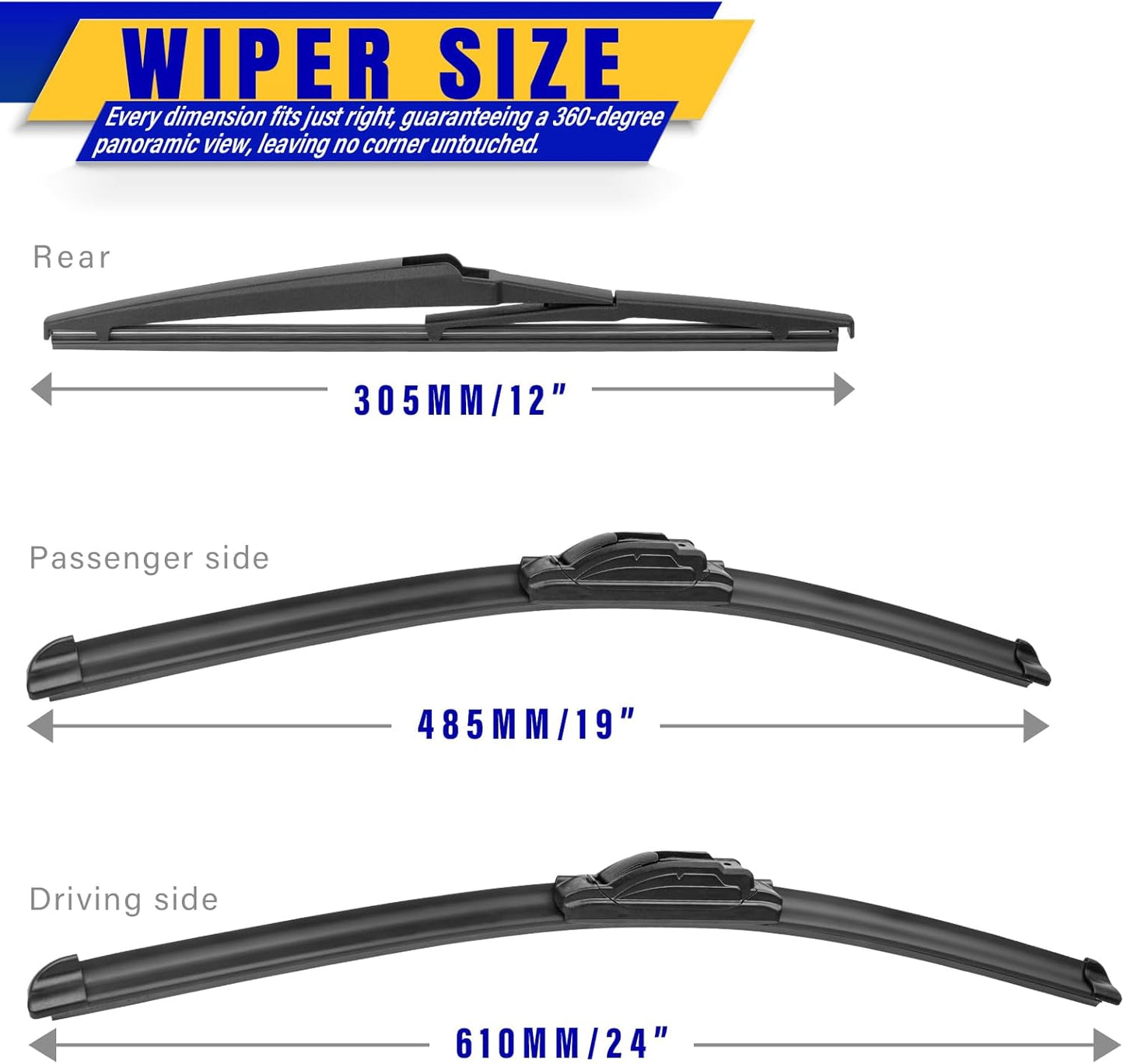 3 wipers Replacement for 2009-2018 2019 2020 Dodge Journey, Windshield Wiper Blades Original Equipment Replacement - 24"/19"/12" (Set of 3) U/J HOOK