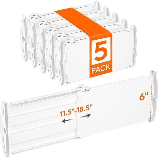 Lifewit 6" Tall 5 Pack Drawer Dividers, 30-47cm/11.5-18.5" Expandable Drawer Divider for Clothes, Adjustable Dresser Drawer Organizers, Drawers Separators for Dresser/Bathroom/Closet/Kitchen White