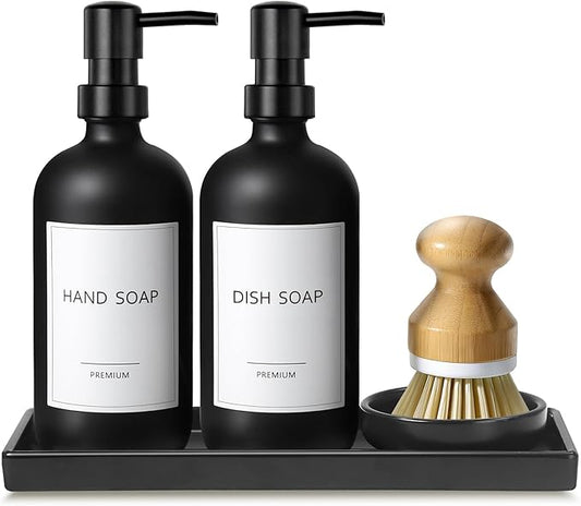 GMISUN Kitchen Soap Dispenser Set, 17 fl oz Dish Soap Dispenser with Ceramic Tray & Bamboo Brush for Kitchen, 2Pcs Matte Black Glass Hand and Dish Soap Dispenser Set, Refillable Soap Bottle Set
