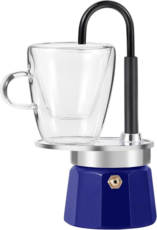 MVPLUE-Mini Express Swiss Single Tube Moka Pot Aluminum Blue，Moka Set includes One Double Wall 3oz Cup,Enjoy delicious coffee in no time
