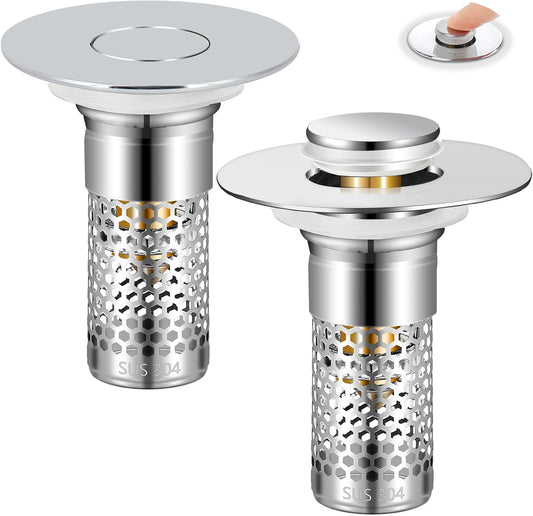 2Pack Bathroom Sink Stopper 1.06"-1.50", Universal Bathroom Sink Drain Pop Up Stopper for US Bathroom Sink Stainless Steel Floor Drain Filter, U.S. Standard Universal Drain Filter (Silver)