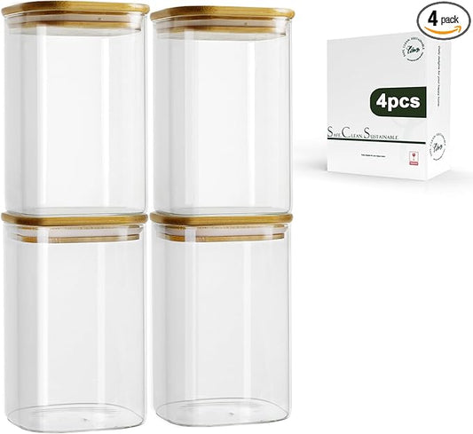 LIBWYS 4-Pack Glass Pantry Storage Containers with Bamboo Lids1.22Qt - Stackable Square Food Jars for Pantry Organization, Coffee, Flour, Snacks, Tea | Kitchen Canisters Set