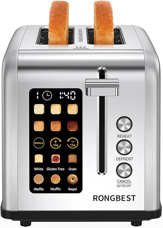 2 Slice Touch Screen Toaster with Wide Slots Stainless Steel Toasters Even Toasting for Bagels & Bread, Reheat & Defrost, Easy Removable Crumb Tray, Silver